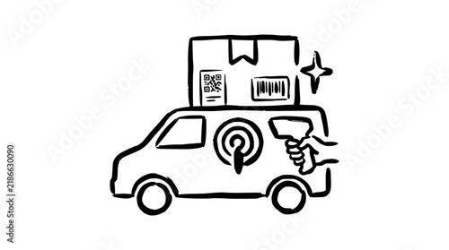 Handheld Scanner and Delivery Van with QR Code Box, Logistic Icon