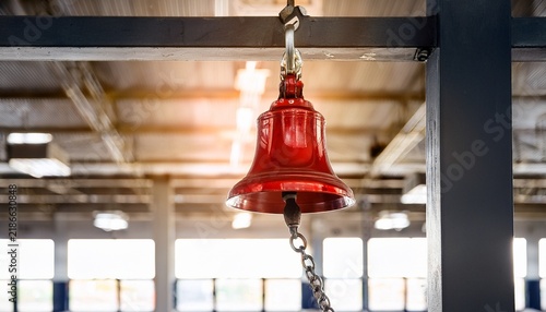 shiny red bell hangs by metal chain in large empty industrial building with soft light illuminating space