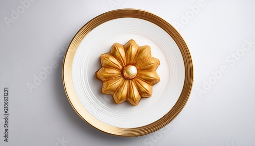 delicious golden flower shaped pastry on white plate top view minimalist dessert