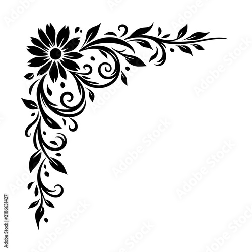 Black and white floral corner frame with daisy flower and swirling leafy vines