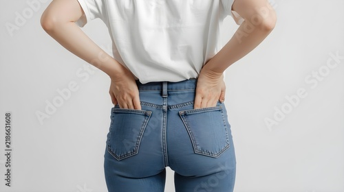 young woman back in blue jeans closeup outdoor shot hands in pocket