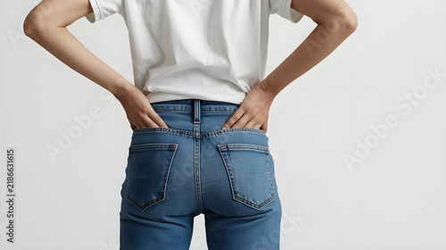 young woman back in blue jeans closeup outdoor shot hands in pocket