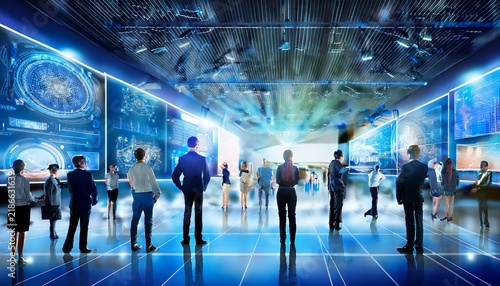 visitors exploring a modern technology exhibition with immersive digital displays showcasing innovation business networking artificial intelligence and next generation industrial solutions