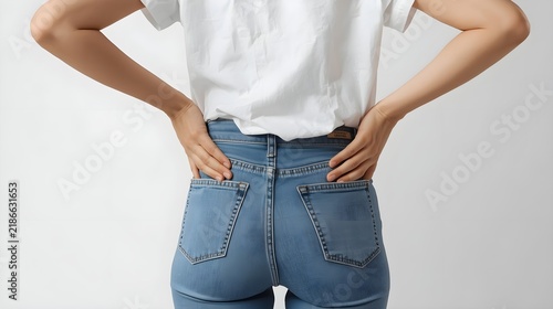 young woman back in blue jeans closeup outdoor shot hands in pocket