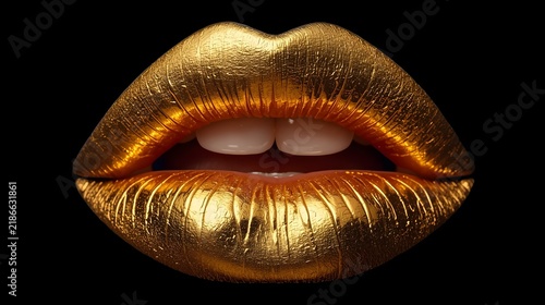 Golden kiss. Golden lipstick closeup. Lips with metal makeup. Sexy lips, Metallic lipstick close up. Glamour golden lips.