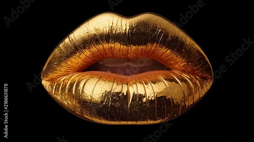 Golden kiss. Golden lipstick closeup. Lips with metal makeup. Sexy lips, Metallic lipstick close up. Glamour golden lips.