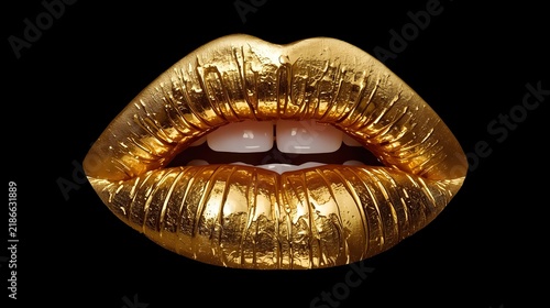 Golden kiss. Golden lipstick closeup. Lips with metal makeup. Sexy lips, Metallic lipstick close up. Glamour golden lips.