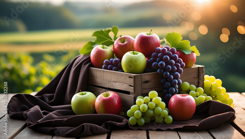 Fresh Harvest Still Life Featuring Apples and Grapes in Natural Light