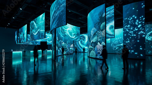 People in futuristic ocean themed digital art museum