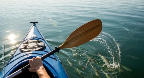 A person paddles a blue kayak on calm water. Fish swim beneath the surface, creating ripples. The scene captures a peaceful outdoor activity.