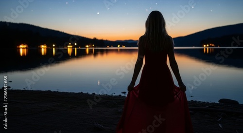 Silhouette of a young Caucasian woman in a red dress standing by a lake at sunset. Mountains and lights reflect in the water, creating a serene atmosphere.