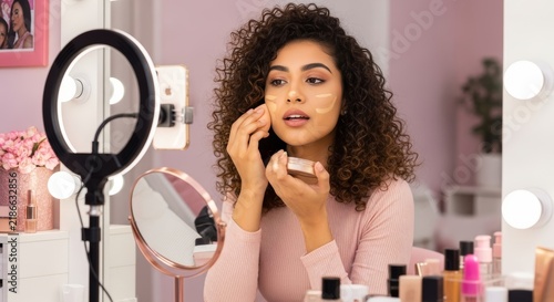 A young Hispanic woman with curly hair applies makeup in front of a mirror. She is surrounded by various beauty products in a well-lit room.