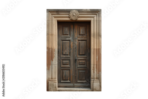 Dark antique double door with stone surround