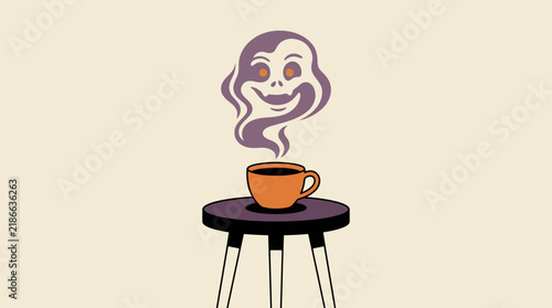 Spooky Ghost Shape Steam Rising from Coffee Cup, Creative Halloween Graphic Illustration
