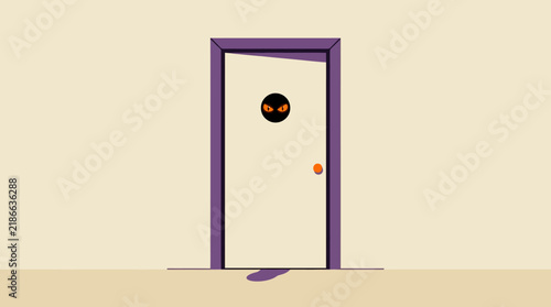 Spooky Glowing Eyes Looking Through Peephole of Closed Door Halloween Mystery Cartoon Illustration