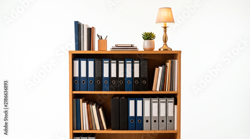 Wooden bookshelf filled with binders books and a small desk lamp