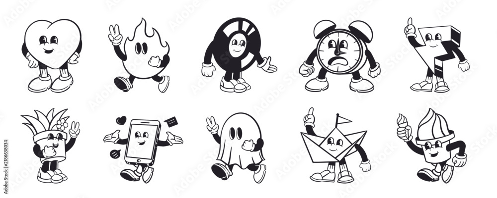 Obraz premium Vector cartoon set of cute black-and-white characters, playful mascot doodles