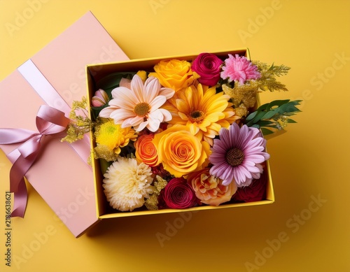 bouquet of flowers in a gift box on a yellow background