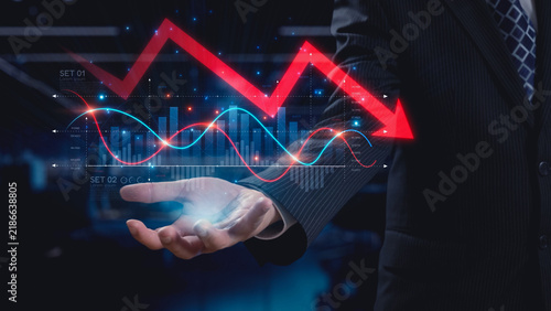 Принти на полотні Economic caution visualized with fluctuating market graph, alert symbols, and negative data trends
