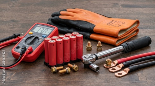 Battery cells with terminal bolts, insulated gloves, torque wrench, voltage meter, and cable lugs on a clean workbench for electrical assembly and testing.
