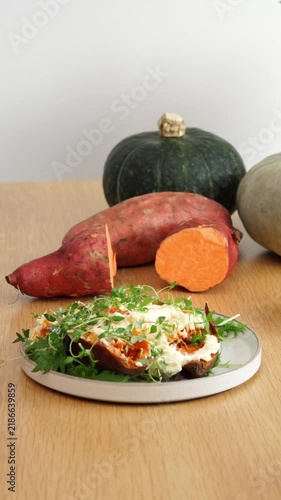 Fresh salad preparation with sweet potatoes and squash enhancing seasonal autumn flavors