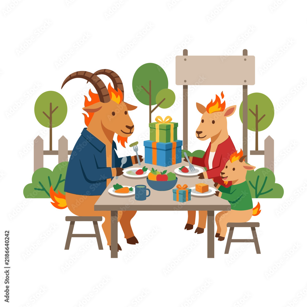Fototapeta premium Anthropomorphic goats family celebrating at a table