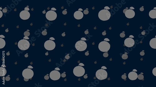 Orange symbols float horizontally from left to right. Parallax fly effect. Floating symbols are located randomly. Seamless looped 4k animation on dark blue background