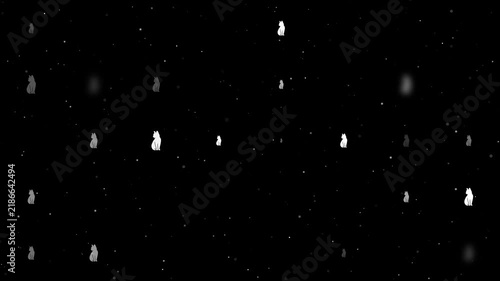 Template animation of evenly spaced cat symbols of different sizes and opacity. Animation of transparency and size. Seamless looped 4k animation on black background with stars