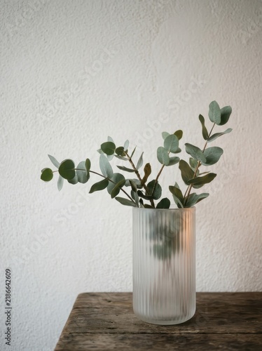 Serene eucalyptus branches displayed in a fluted glass vase, creating a minimalist and elegant decorative arrangement against a textured white