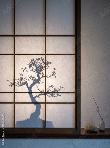 Serene Japanese Shoji screen casting an elegant silhouette shadow of a miniature bonsai tree against the warm, diffused light of