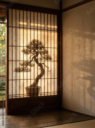Serene Japanese Shoji screen illuminated by warm sunlight, showcasing a delicate bonsai tree with intricate branches, creating a peaceful and