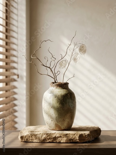 Serene Still Life of a Rustic Ceramic Vase Holding Delicate Lunar Seeds and Twigs, Bathed in Soft Sunlight Through Blinds