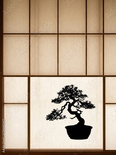 Silhouetted ancient gnarled bonsai tree in a dark pot, set against the backdrop of a traditional Japanese shoji screen with