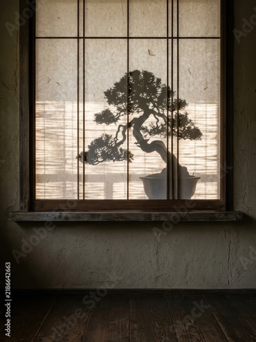 Silhouette of a meticulously shaped miniature bonsai tree in a white pot, artfully displayed against the soft, diffused light filtering