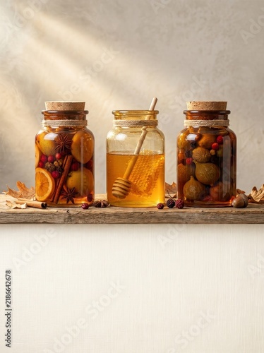 Three apothecary jars filled with preserved fruits, spices, and pure honey, artfully arranged on a rustic wooden shelf with autumn