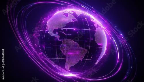 digital globe with glowing purple continents and light streaks on a dark background