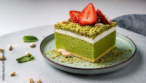 square slice of matcha sponge cake with fresh cream strawberries mint and pistachio crumbs