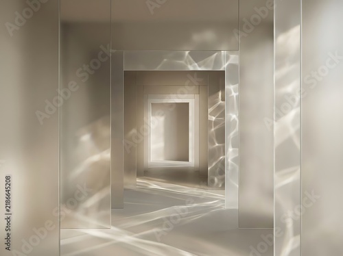 Abstract interior corridor with metal panels and light reflections