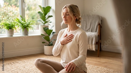 Woman doing breathing exercises for mental health and relaxation at home in the living room