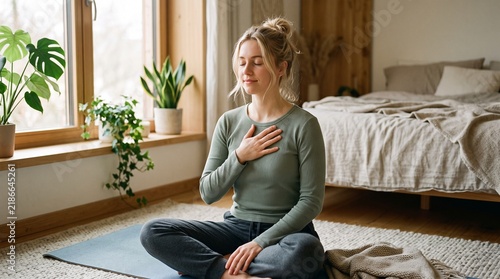 Calm Woman Practicing Mindful Deep Breathing Exercises and Meditation in a Peaceful Sunny Bedroom for Stress Relief and Mental Wellness