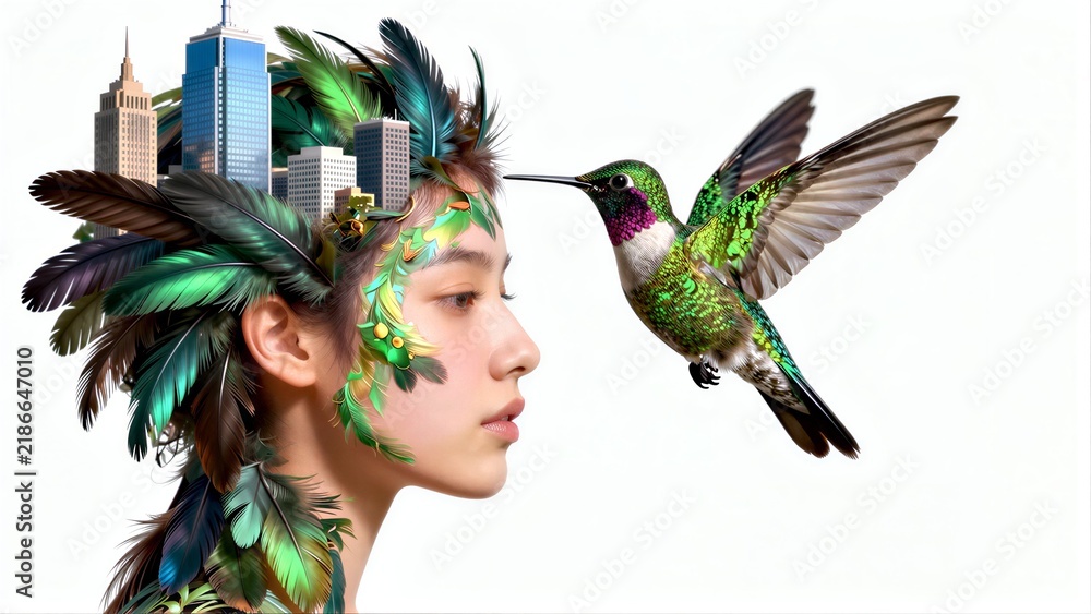 Obraz premium Woman's head adorned with feathers, hummingbird flies beside city skyline.