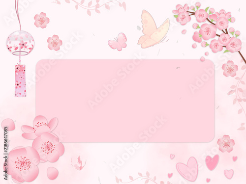 Konstfotografi Kawaii Sakura Cherry Blossom Frame with Butterflies and Wind Chime Spring Vector