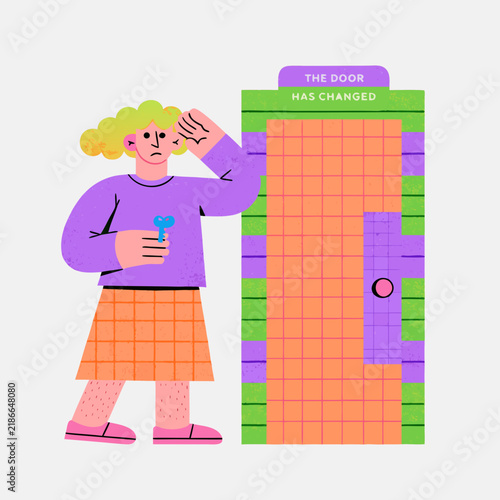 Person holding a key and looking at a colorful door with a label  
