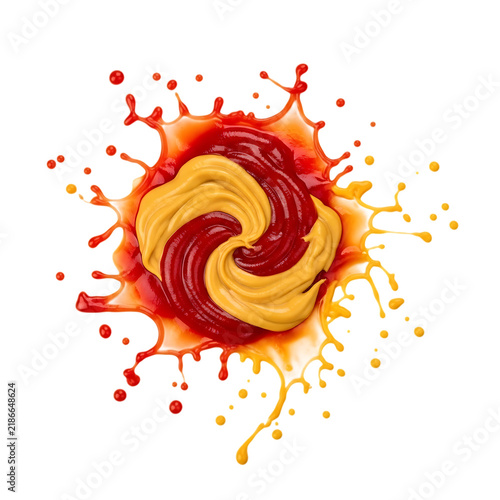 A swirling mix of red ketchup and yellow mustard liquid splashes creating a vibrant abstract pattern isolated on a white background, for food ads isolated on a transparent background