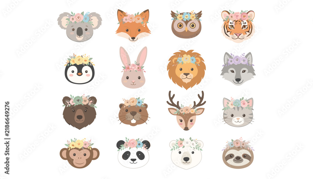 Obraz premium Cute forest animals cartoon face vector set with floral crown headbands for baby shower and nursery decor