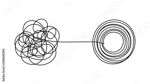 Plakat w ramie Abstract conceptual line art showing the transition from chaotic tangled scribble to organized orderly circular path