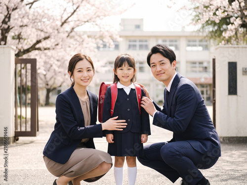 Tapety artystyczne 入学式を迎えた新一年生の子供と晴れ着姿の父母