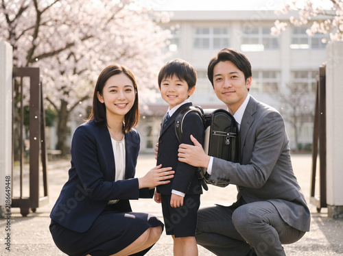 Obraz w ramie 入学式の門の前で子供を囲んで微笑む親子