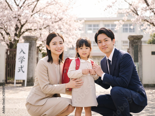 Plakat 桜舞う入学式に赤色のランドセルを背負った娘を囲む両親の家族