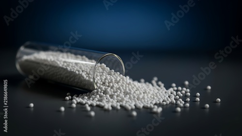 Clear glass test tube spilling white spherical pellets onto a dark surface, moody studio lighting